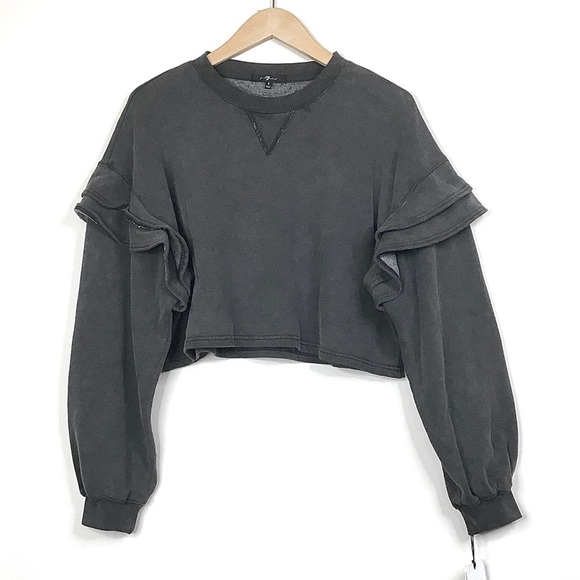 7 For All Mankind Black Ruffle Crop Sweatshirt - Picture 1 of 10